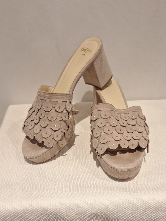 Butter Shoes - Butter Beige Suede Scallop Petal Platform Mules